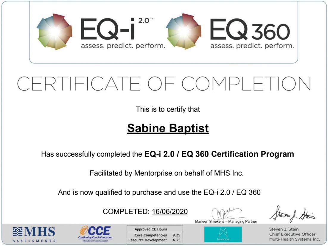 Certificaat EQ 2.0 /EQ 360 voor Sabine Baptist MindtoGrow